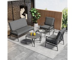 Vierdelige buitenbankset, vier zitplaatsen, twee ronde salontafels, grijze gegalvaniseerde stalen buis, grijze kussens (afneembaar en wasbaar), kussens met banden, grijs