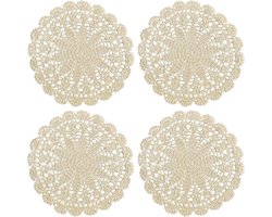 Vierdelige gehaakte serviesset, handgemaakte ronde katoenen kanten placemats, gebreide tafelkleden, sterrenpatroon met golvende randen (35 cm, beige).