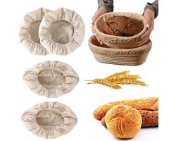 Vierdelige linnen broodbakset, bestaande uit twee ronde en twee ovale rijsmandjes bekleed met puur linnen en antiaanbaklaag, voor het maken van zuurdesembrood, een rond rijsmandje en bakaccessoires.