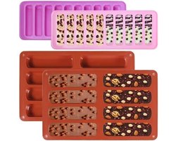 Vierdelige set bakvormen voor mueslirepen, siliconen vorm, herbruikbare rechthoekige siliconen bakvorm, afwasbare chocoladevorm, antiaanbak siliconen vorm, geschikt voor het bakken van chocoladerepen, koekjesrepen en energierepen.