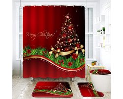 Vierdelige set - Kerst douchegordijn - Kerstthema douchegordijnset - inclusief vloermat - Kerstboompatroon - Rood