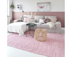 Vierkant hoogpolig vloerkleed shaggy Trend effen - lichtroze 100x100 cm