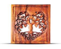 Vierkant Houten Wandpaneel – Levensboom Hart – Handgesneden Suar Hout – 40x40 cm – Decoratief Wandornament