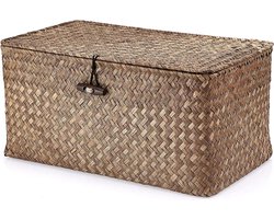 Vierkant zeegras mandje met deksel - Decoratieve organizer voor badkamer, plank of bureau (koffie M)