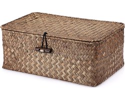 Vierkant zeegras opbergmandje met deksel - Decoratief en multifunctioneel (koffie S)