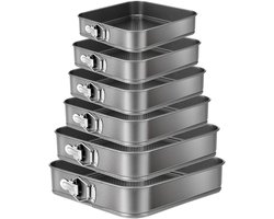 Vierkante bakvormen - 6 Delige Set - Taartvormen - Springvorm Set - Non-stick Coating - 18 t/m 28 cm - Losse Bodem - Stapelbaar - Voor Cake, Taart, Brownie - Zwart