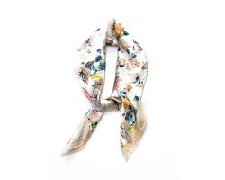 Vierkante dames neksjaal Janine-gebloemd motief-beige wit blauw geel oranje zwart groen-halssjaal-sjaal-70x70