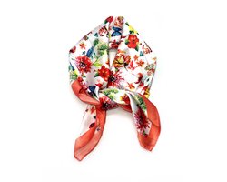 Vierkante dames neksjaal Janine-gebloemd motief-oranje wit geel blauw groen rood zwart roze-halssjaal-sjaal-70x70
