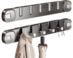 Vierkante kapstok met zuignappen, wandmontagehaken zonder boren, flexibel en opvouwbaar, met 5 haken, geschikt voor entrees, badkamers en achter deuren (zwart, 40 cm breed).