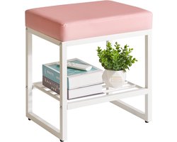 Vierkante Kaptafelkruk met Opbergruimte, Kleine Make-upbank voor Kaptafel, Slaapkamer, Woonkamer, Roze met Goudkleurig Metaal
