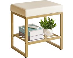 Vierkante Kaptafelkruk met Opbergruimte, Kleine Make-upbank voor Kaptafel, Slaapkamer, Woonkamer, Wit met Goudkleurig Metaal