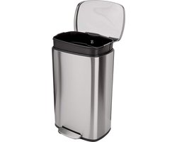 Vierkante keukenvuilnisbak met stalen balk als voetpedaal - soft close mechanisme - 50 liter - satijnen nikkel afwerking vuilnisbak 60 liter
