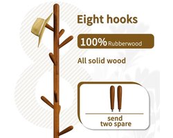 Vierkante kledingstandaard van massief hout, met 8 haken (+ 2 reservehaken voor jassen, hoeden, handtassen, entree, hal, rubberen houten haken, basis en palen, vierkante basis)