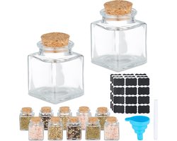 vierkante kruidenpotjes - 50 ml - set van 12 - glazen potjes - kurken deksel - met etiketten en stift