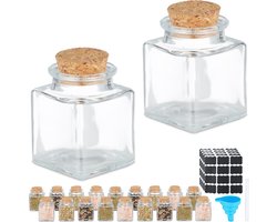 vierkante kruidenpotjes - 50 ml - set van 20 - glazen potjes - kurken deksel - met etiketten en stift