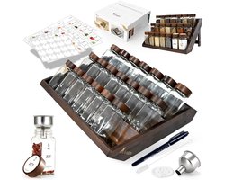 Vierkante Kruidenpotjes Set met Acaciahouten Rek – 2-in-1 Ontwerp, 12 of 21 Potjes van 120ml | Inclusief Labels, Rechtop of Lade-opslag