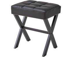 Vierkante Make-Upkruk Met X-Poot – Zwarte PU Leren Voetensteun & Multifunctionele Ottomaanse Zitkruk Voor Woonkamer & Slaapkamer