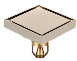 Vierkante messing vloerafvoer met verborgen afvoerfilter, anti-verstoppings- en terugstroombeveiliging. Geschikt voor badkamers, keukens en wasruimtes.