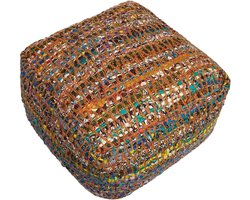 Vierkante Poef - Zitzak Voetenbank - Woonkamer Decoratie - Authentiek Chindi Design - 60 x 60 x 30 cm - Multicolor