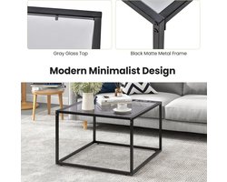 Vierkante Salontafel – Grijs/Zwart – Glazen Tafelblad van Gehard Glas – Metalen Frame – Moderne Koffietafel met Verstelbare Pootjes – Voor Woonkamer – Zonder Roosterplank