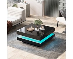 Vierkante salontafel in zwart - moderne technologische stijl met 16 kleuren LED-verlichting, 70x70x36 cm, max. belasting 3 kg