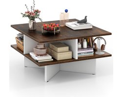 Vierkante Salontafel met 2 Niveaus en Opbergvakken - Hout - Industrieel Design