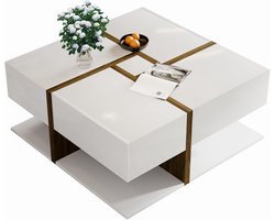Vierkante Salontafel met 4 Lades en Onderste Opbergruimte, Woonkamer Tafel Wit en Bruin