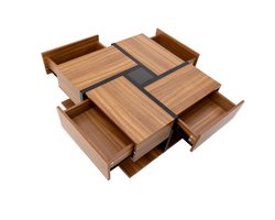 Vierkante Salontafel met 4 Lades en Opbergruimte - Moderne Koffietafel met Onderplank - Zwart Houtlook Design - voor woonkamer, balkon en tuin 78x78x36 cm