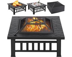 Vierkante tuinhaard met afdekking en rooster - 3-in-1 vuurschaal voor buiten