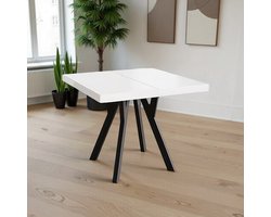Vierkante Uitschuifbare Eettafel RICO 90-190x90 cm – Moderne Witte Eettafel met Zwarte Houten Poten – Uittrekbare Eettafel voor 4-6 Personen – Tribe