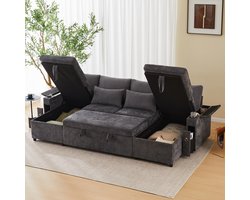 Vierpersoons U-vormige slaapbank - met bekerhouder - opbergruimte en slaapfunctie - hoekbank met kussens - grijs