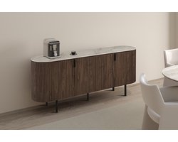 Vigo Dressoir – 200 cm – Donkere Eikenlook – Stenen Blad met Beige Marmerlook – Afgerond Retro Design