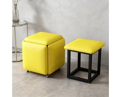 Vijf-in-één kubuskruk stapelbare combinatie voetenbank met wieltjes multifunctionele opbergkruk voor woonkamer en hal geel leer materiaal 45*45*45