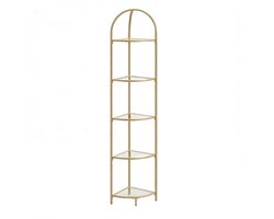 Vijflaags hoekboekenrek Opbergrek Plantenrek 28x28x158cm Goudkleurig Stevig en duurzaam stalen frame Gehard glazen legplanken Modern minimalistisch ontwerp Eenvoudig te installeren en schoon te maken Geschikt voor woonkamer slaapkamer keuken badkamer