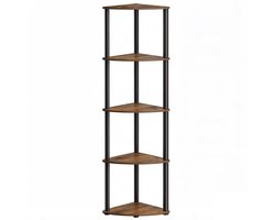 Vijflaagse Hoekopbergrek Hoekplank Eenheid Boekenkast Plantenrek Displayrek 38,3x27x139 cm Bruin+Zwart Snelle Gereedschapsloze Montage Multifunctionele Opslag Ruimtebesparend Stevig Frame Geschikt voor Woonkamer, Slaapkamer en Keuken