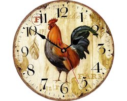 VIKMARI 20 cm houten wandklok, grote vintage haan, stille, niet-tikkende wandklok, kwarts, op batterijen, Arabische cijfers, keukenklok voor keuken, woonkamer, slaapkamer