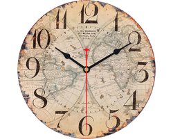 VIKMARI 20 cm/8 inch prachtige vintage wereldkaart wandklok, kleine industriële klok in landelijke stijl, op batterijen werkende houten stille wandklok voor woonkamer, keuken, slaapkamer, badkamer en kantoor
