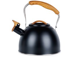 Vilde Fluitketel - 2,5 Liter - RVS - Mat Zwart - Geschikt voor Inductie, Gas en Elektrisch - Soft-Touch Handgreep met Houtlook - Energiezuinig