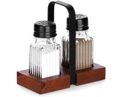 Vilde - Zout- en Peperstrooier Set - 3-delig - Glazen potjes - Acaciahouten Standaard