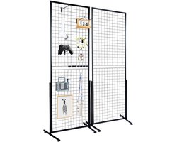 VILIMA - Displayrekken - 2 stuks staande rekken - Wandpanelen - Dubbelzijdige gridwall-panelen - Ruime displaycapaciteit - Zwart - 93x60x9cm