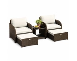 VILIMA - Tuinmeubelset - Weersbestendige Loungeset - Zitmeubilair - Voetenbankjes - 5-delig - Praktisch ontwerp - Beige kussens - Glazen tafelblad
