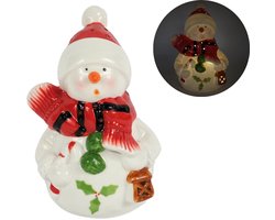Villa Pottery kerstfiguur sneeuwpop porselein met LED licht op batterij 15,2 cm, doos 3 stuks