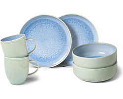Villeroy & Boch Serviesset Crafted - Blueberry Turquoise - 6-delig / 2 personen - 2x kopjes, 2x kommen en 2x ontbijtborden