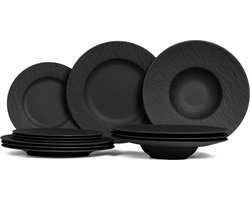 Villeroy & Boch Serviesset / Tafelset Manufacture Rock – Zwart – 12-delig / 4 Personen – Bestekset met Borden, Kommen en Schalen – Stijlvol en Duurzaam