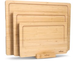 Villux Snijplank - Snijplankenset Met Houder - Snijplank Hout - Snijplanken - Houten Snijplank - Snijplank Bamboe - Snijplankenset - Tapasplank - Borrelplank - Serveerplank - Hapjesplank - 3 Stuks - Bamboe