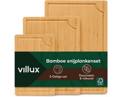 Villux Snijplank - Snijplankenset Met Houder - Snijplank Hout - Snijplanken - Snijplank Bamboe - Houten Snijplank - Snijplankenset - Tapasplank - Borrelplank - Serveerplank - Hapjesplank - Inclusief eBook - 3 Stuks - Bamboe