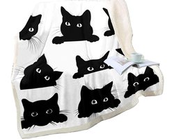 Viltdeken - Zwart-witte kattenprintdeken - 150x200cm - Superzacht, warm en pluizig - Plaid voor bank, bed of woonkamerdecoratie - Wit