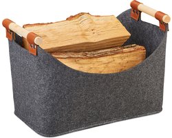 vilten mand - 27 x 40 x 22 cm - opvouwbare houtmand - met hengsels - donkergrijs
