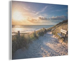 Vilten Wanddecoratie 100x70 cm Kamer Decoratie Woonkamer Slaapkamer Room Decor Wanddeco Felt Wall Art Zonsondergang - Duin - Strand - Gras - Bank