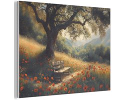 Vilten Wanddecoratie 70x50 cm Kamer Decoratie Woonkamer Slaapkamer Room Decor Wanddeco Felt Wall Art Bankje - Boom - Klaprozen - Heuvels